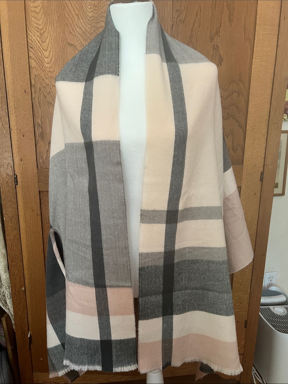 J. Crew Blush and Gray Plaid Wrap Cape